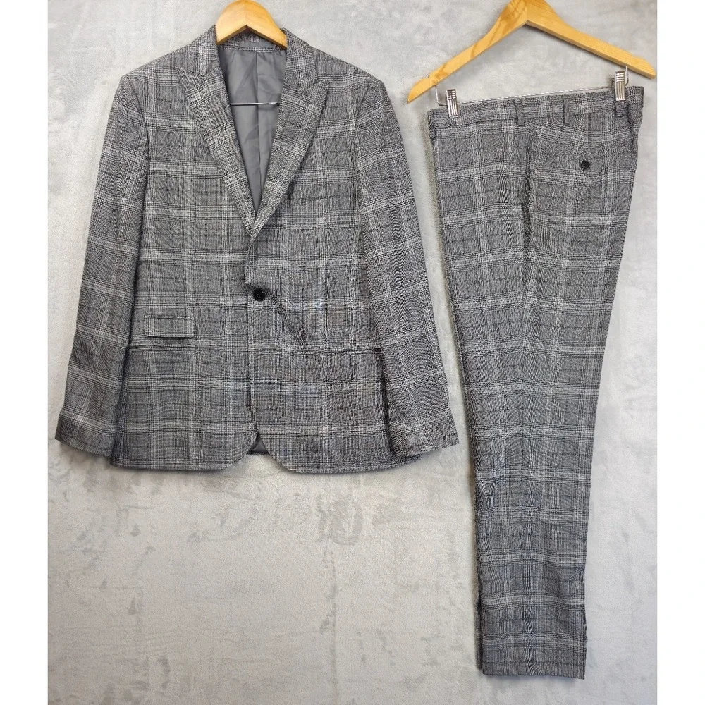 Moss London Mens Gray Houndstooth Plaid Suit Skinny Fit 42R Pants 36x31